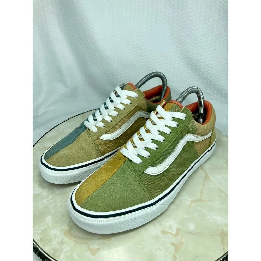 Vans Multi Color Block Skater Shoes Women 8.5 Green Tan Patchwork Retro Sneakers